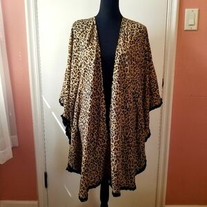 PANACHE Cheetah Print Kimono Swim Cover Up Fringe One Size Mob Wife
